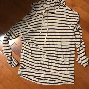 Cream and navy blue striped hoodie